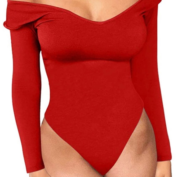 Women's Sexy Off Shoulder Long Sleeve Leotrad Bodycon Party Bodysuit Red - Picture 1 of 2